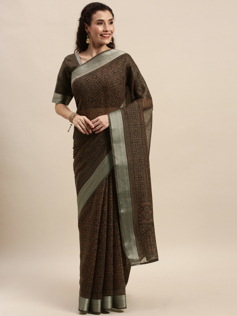 

Kvsfab Black & Brown Cotton Blend Printed Saree
