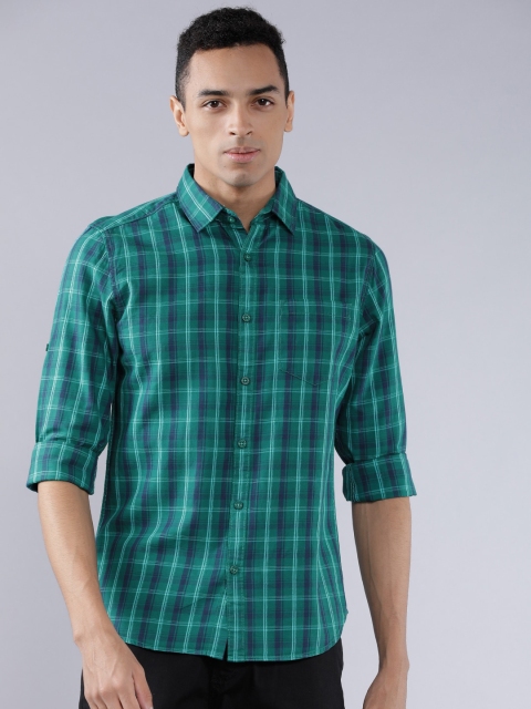 

HIGHLANDER Men Teal Green & Blue Slim Fit Checked Casual Shirt