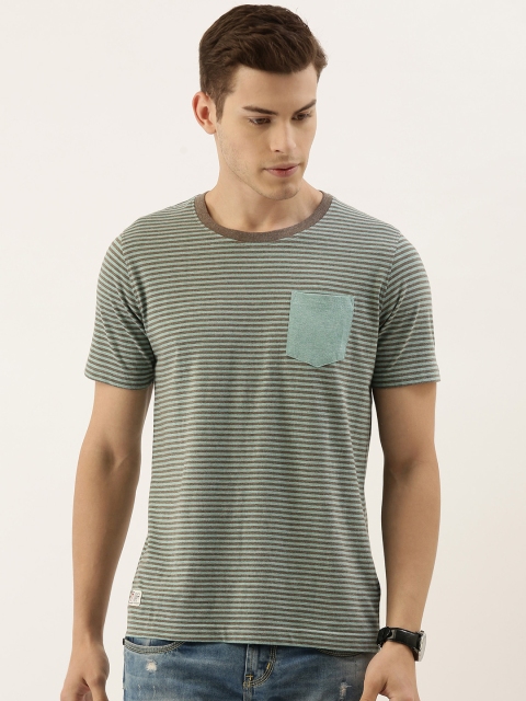 

American Crew Men Blue & Grey Striped Round Neck T-shirt with Chest Pocket