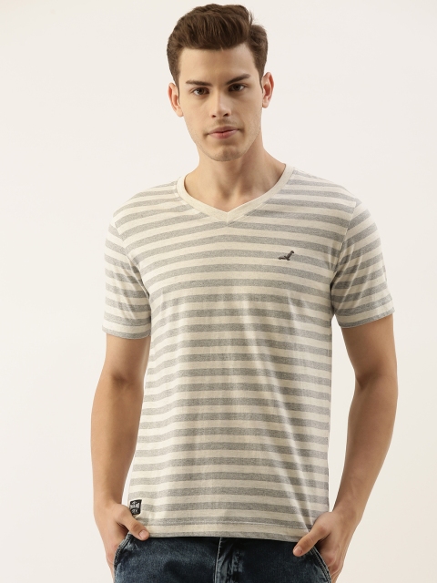 

American Crew Men Off-White Grey Striped V-Neck Pure Cotton T-shirt