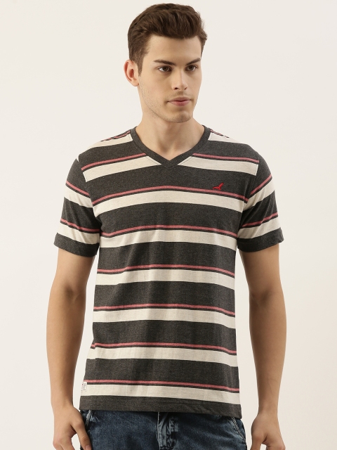 

American Crew Men Charcoal Grey Off-White Striped V-Neck Pure Cotton T-shirt