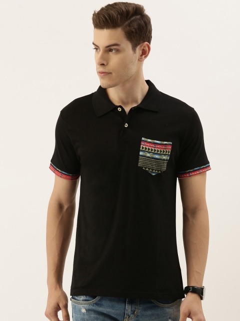 

American Crew Men Black Solid Polo Collar T-shirt with Printed Pocket
