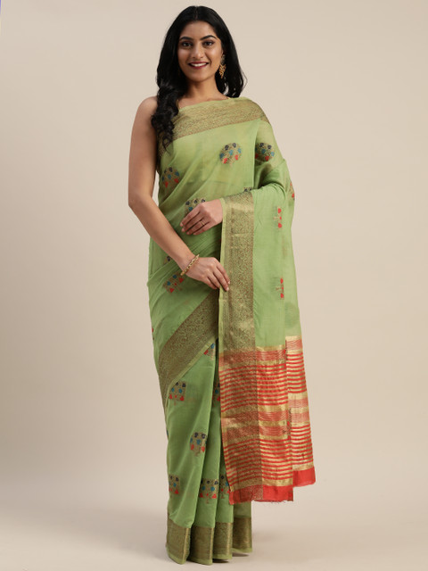 

Mitera Green & Gold-Toned Pure Cotton Woven Design Kanjeevaram Saree