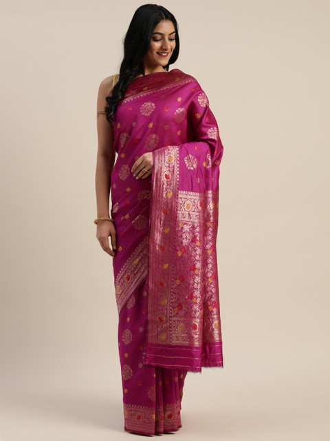 

Mitera Magenta Pink & Gold-Toned Poly Silk Woven Design Paithani Saree