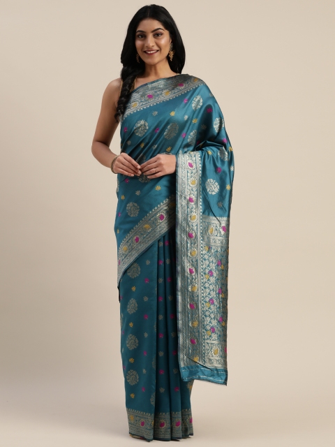 

Mitera Teal Blue & Gold-Toned Poly Silk Woven Design Paithani Saree