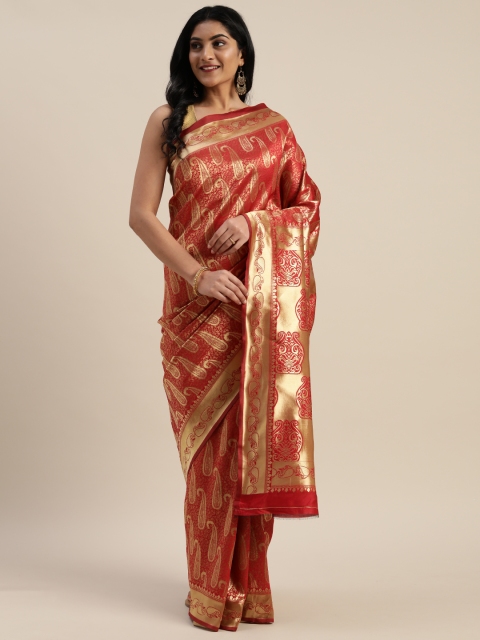 

Mitera Red & Gold-Toned Poly Silk Woven Design Paithani Saree