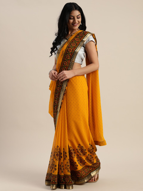 

Mitera Mustard Yellow Floral Printed Pure Georgette Saree