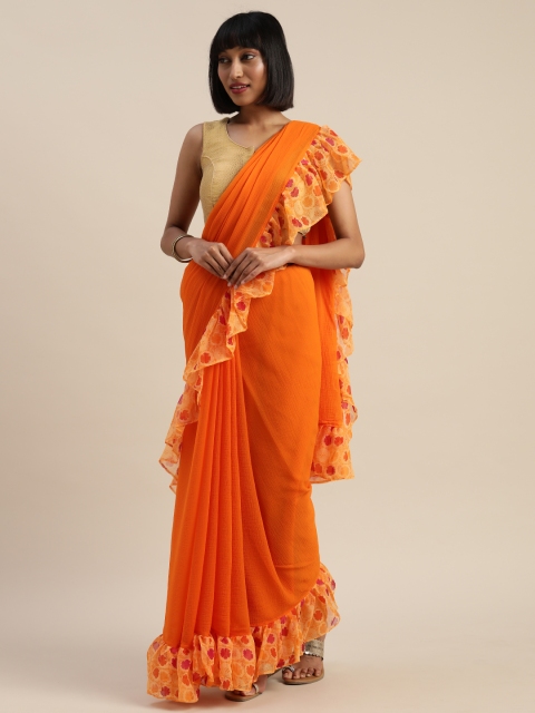 

Mitera Orange Solid Pure Chiffon Ruffled Saree