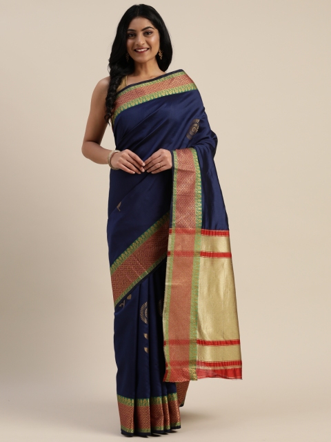 

Mitera Navy Blue & Gold-Toned Pure Silk Woven Design Kanjeevaram Saree