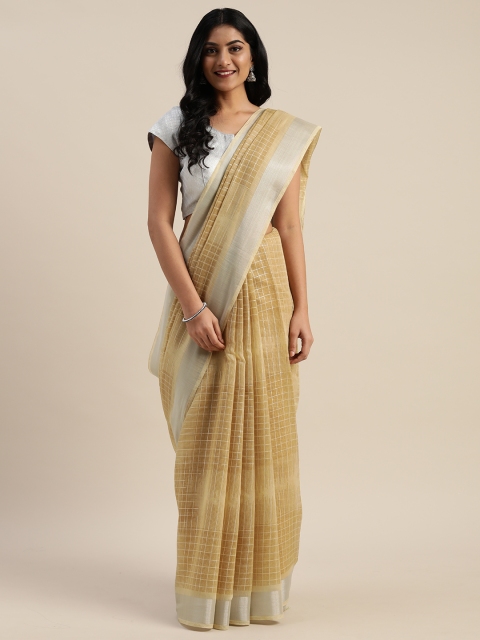 

Mitera Beige & Silver-Toned Jute Cotton Checked Saree