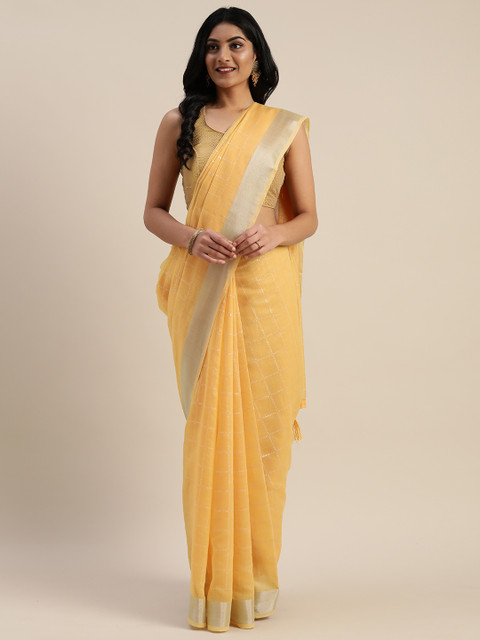

Mitera Yellow & Silver-Toned Jute Cotton Printed Saree