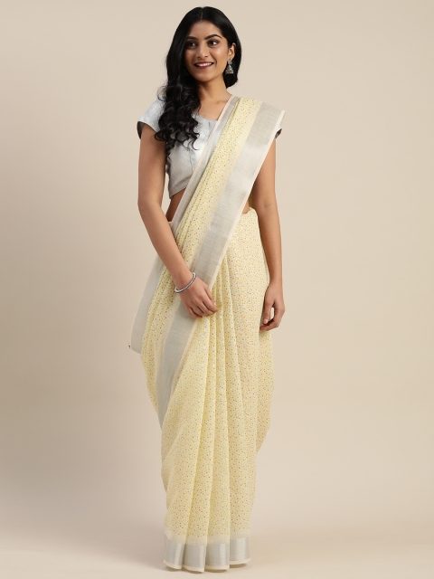 

Mitera Cream-Coloured & Cream-Coloured Jute Cotton Printed Saree
