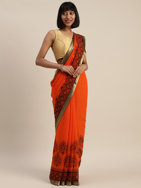 

Mitera Orange & Black Pure Georgette Printed Saree