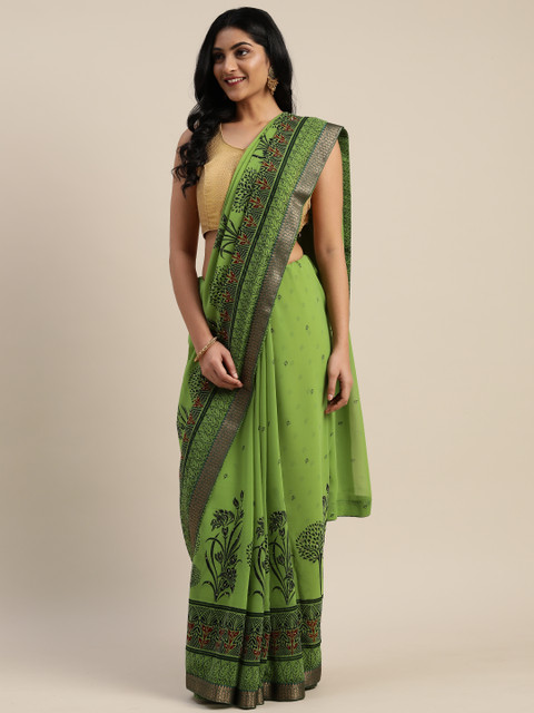 

Mitera Green Floral Printed Pure Georgette Saree