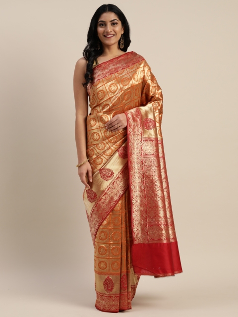 

Mitera Orange & Gold-Toned Poly Silk Woven Design Paithani Saree