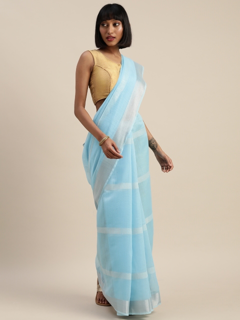 

Mitera Turquoise Blue & Silver-Toned Jute Cotton Striped Saree