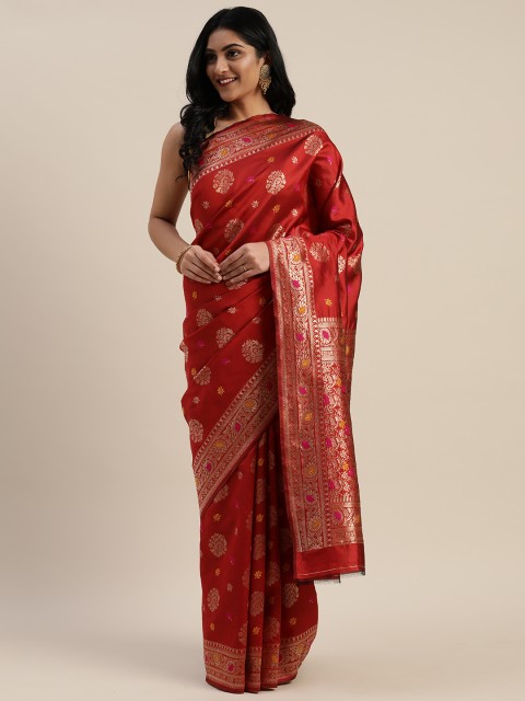 

Mitera Red & Gold-Toned Poly Silk Woven Design Paithani Saree