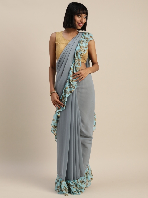 

Mitera Grey & Blue Pure Chiffon Solid Ruffled Saree