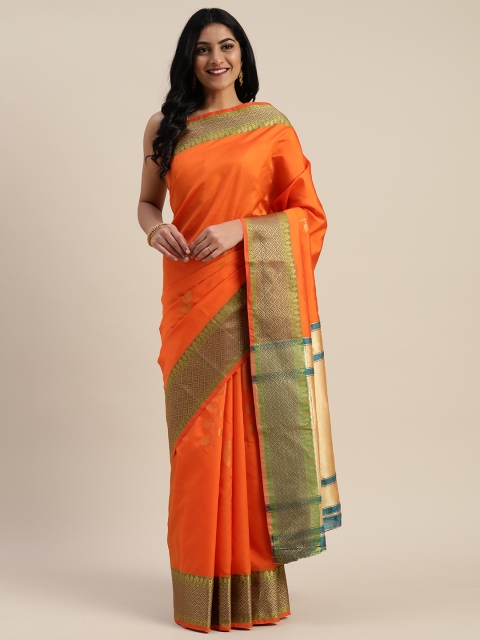 

Mitera Orange & Gold-Toned Pure Silk Woven Design Kanjeevaram Saree