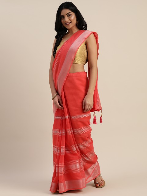 

Mitera Coral Pink & Silver-Toned Jute Cotton Striped Saree