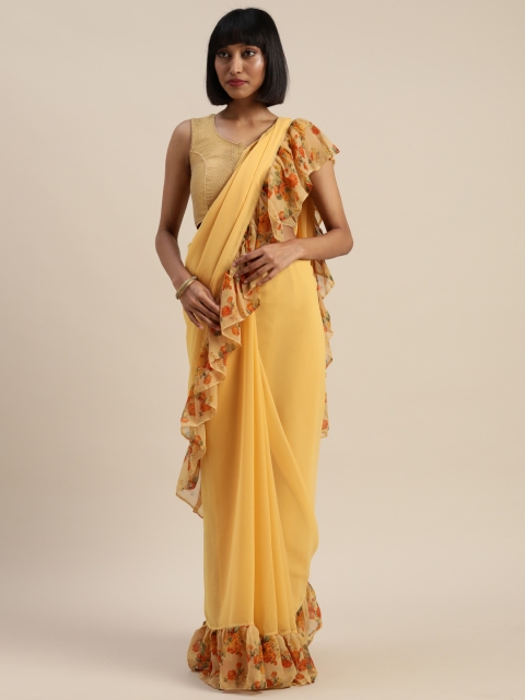 

Mitera Yellow Solid Pure Chiffon Ruffled Saree