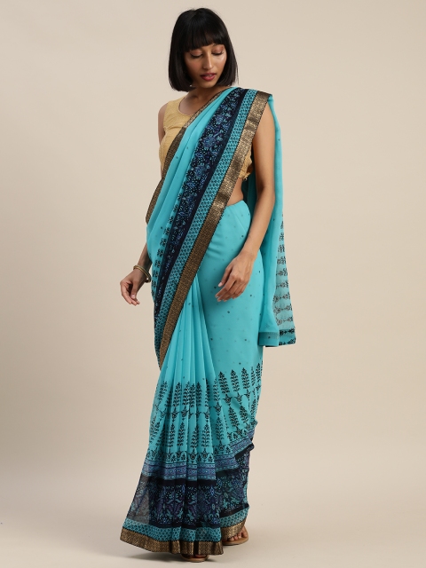 

Mitera Turquoise Blue & Black Pure Georgette Printed Saree