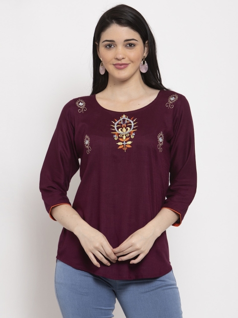 

Baani Creations Women Burgundy Solid Top with Embroidered Detail