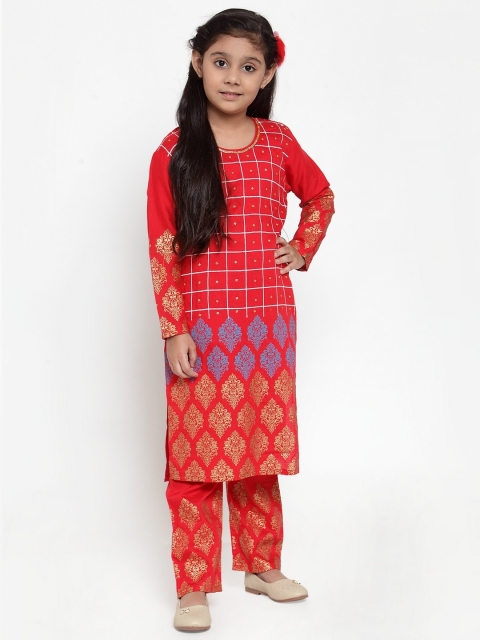 

Baani Creations Girls Red & Gold-Toned Printed Kurta with Trousers