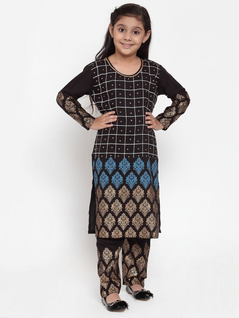 

Baani Creations Girls Black & Gold-Toned Printed Kurta with Trousers