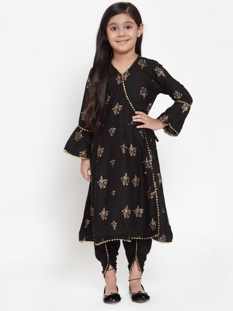 

Baani Creations Girls Black & Gold-Toned Printed Angrakha Kurta with Dhoti Pants