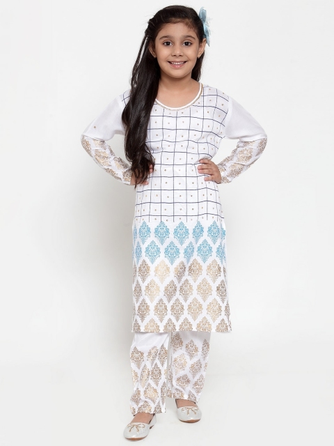 

Baani Creations Girls White & Gold-Toned Printed Kurta with Trousers