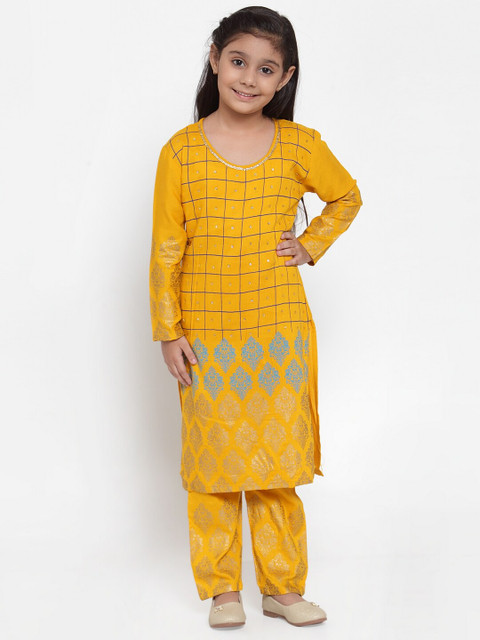

Baani Creations Girls Mustard & Gold-Toned Printed Kurta with Trousers