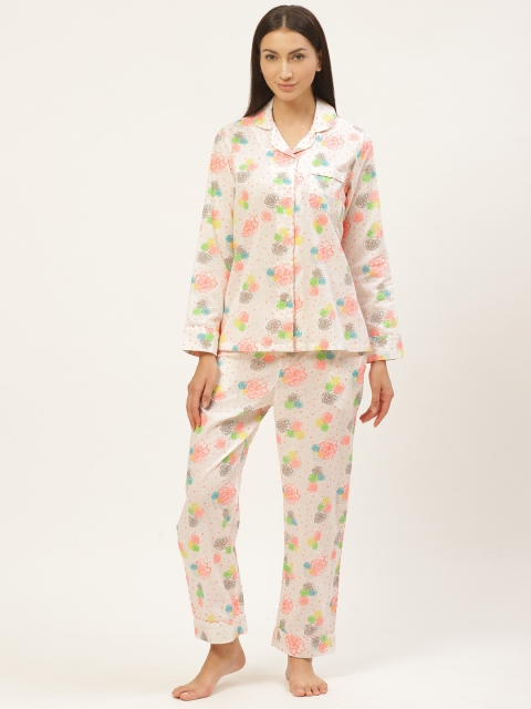 

Catnap Women Off-White & Coral Pink Floral Print Night Suit