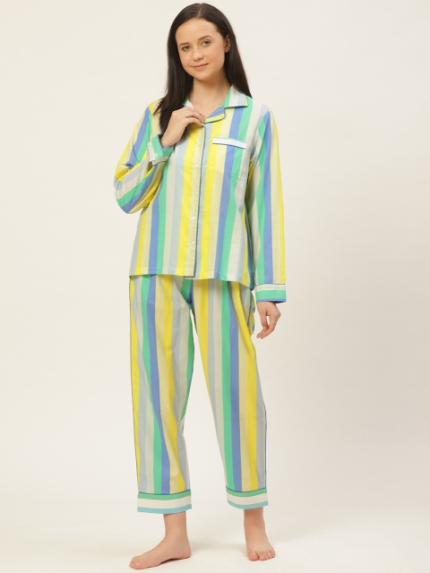 

Catnap Women Yellow & Blue Striped Night suit