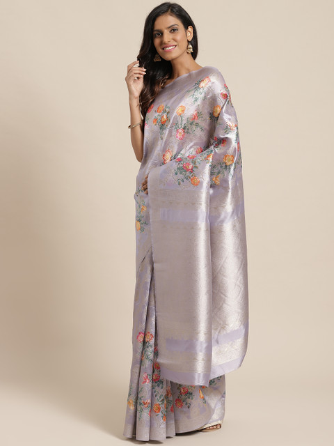 

Mitera Lavender & Golden Floral Print Zari Woven Design Saree
