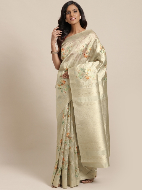 

Mitera Green & Golden Floral Patterned Zari Saree