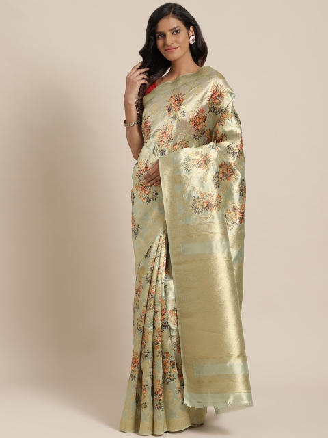 

Mitera Green & Golden Floral Patterned Zari Saree