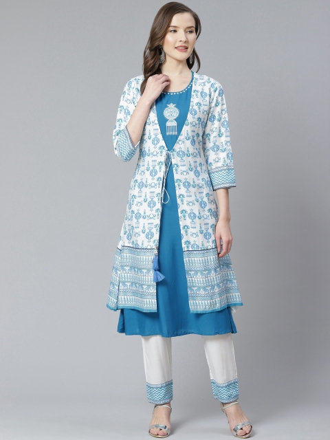 

Shree Women White & Blue Printed Layered Kurta with Trousers