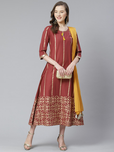 

Shree Women Rust Red & Mustard Yellow Striped Midi Ethnic A-Line Dress with Dupatta