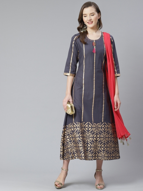 

Shree Women Charcoal Grey & Golden Striped A-Line Dress with Dupatta