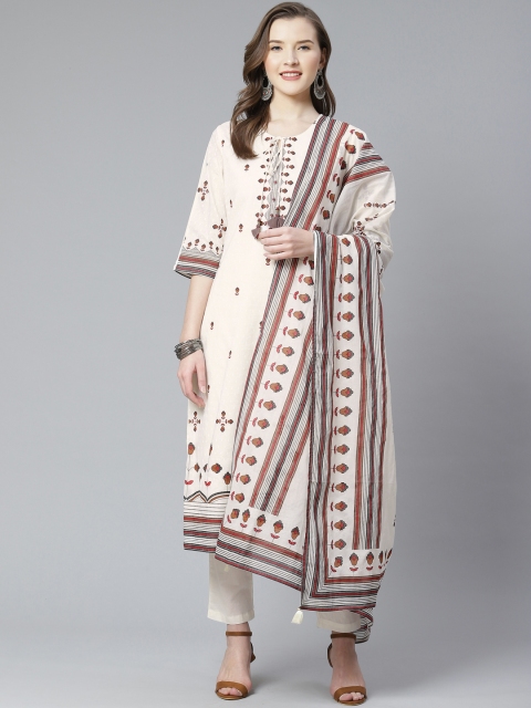 

Shree Women Off-White & Brown Ethnic Print Kurta with Trousers & Dupatta