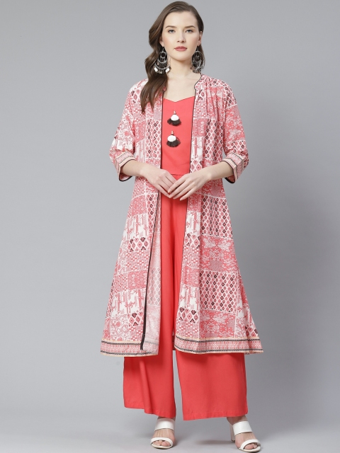 

Shree Women Coral Pink & Off-White Crop Top & Palazzos with Printed Longline Jacket