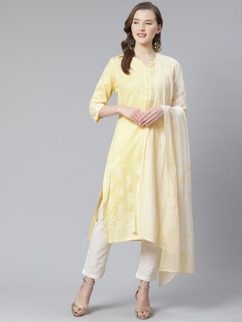 

Shree Women Yellow & White Dobby Woven Design Kurta with Trousers & Dupatta