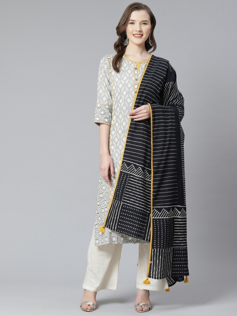 

Shree Women Off-White & Grey Printed Kurta with Trousers & Dupatta