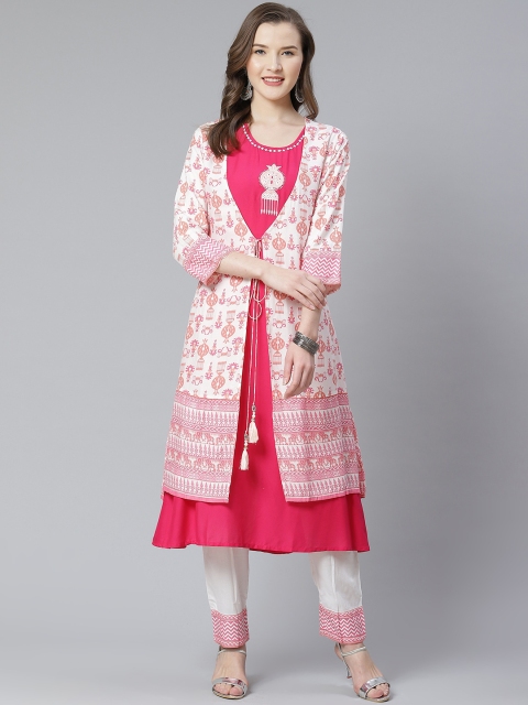 

Shree Women Pink & Off-White Yoke Design Kurta with Trousers & Ikat Print Jacket