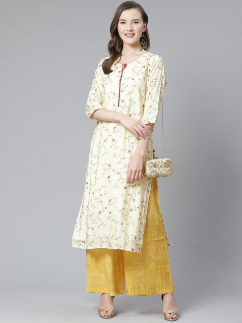 

Shree Women Off-White & Yellow Ditsy Floral Printed Kurta with Palazzos