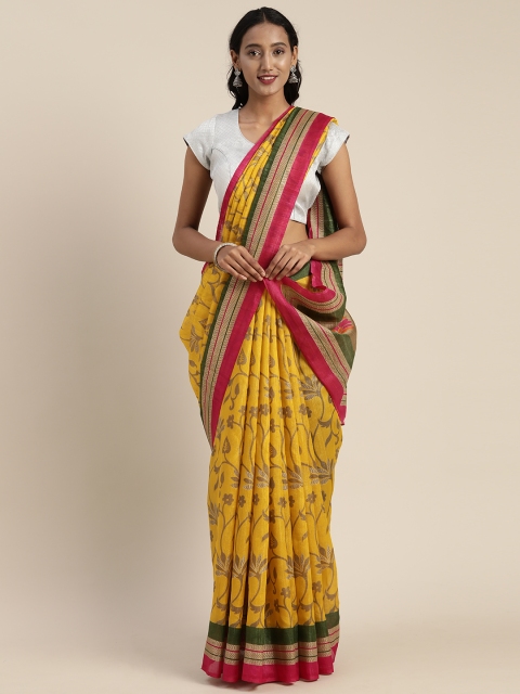 

Satrani Yellow Printed Poly Silk Saree