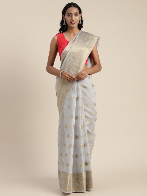 

Satrani Grey & Gold-Toned Cotton Blend Woven Design Chanderi Saree
