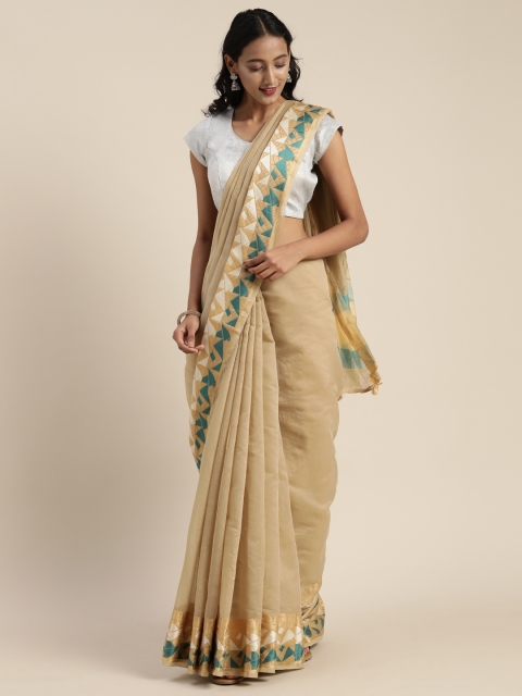 

Satrani Beige Silk Blend Solid Chanderi Saree