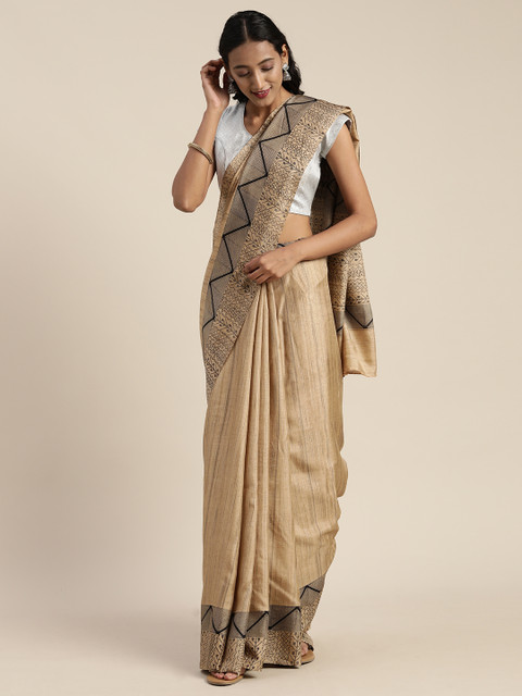 

Satrani Beige Solid Poly Silk Saree